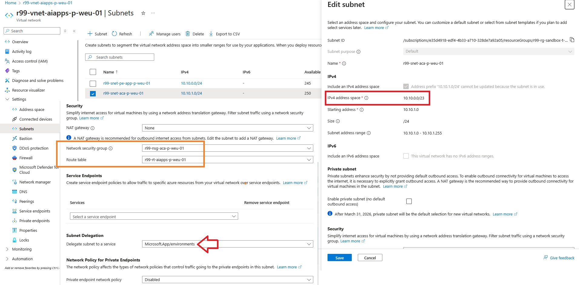 Networking tab and delegated subnet