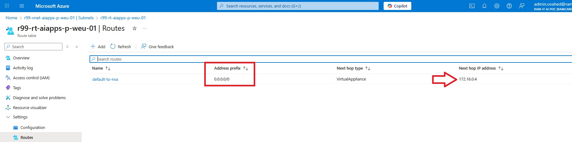 Route table assigned to CAE subnet