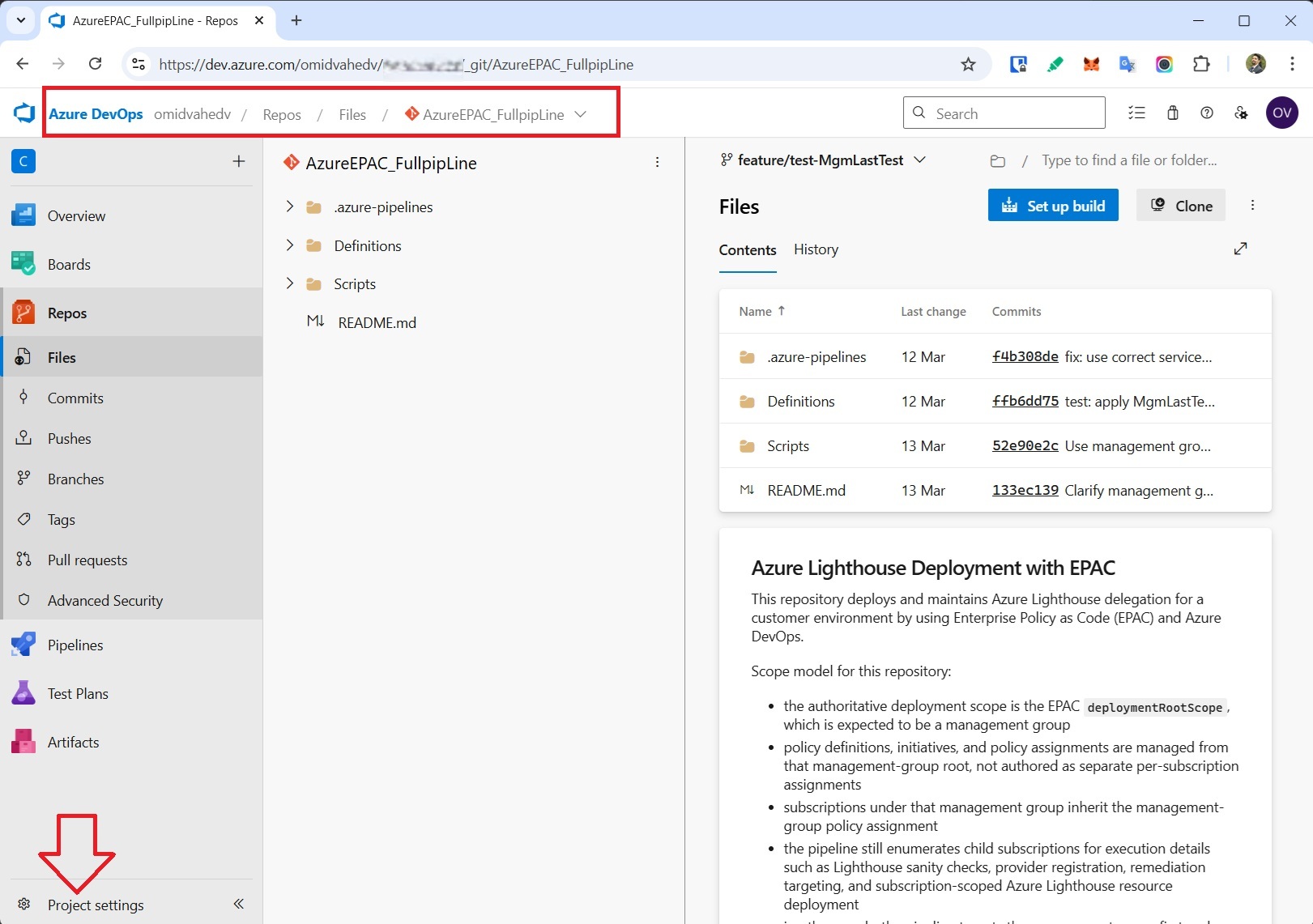 Open project settings in Azure DevOps