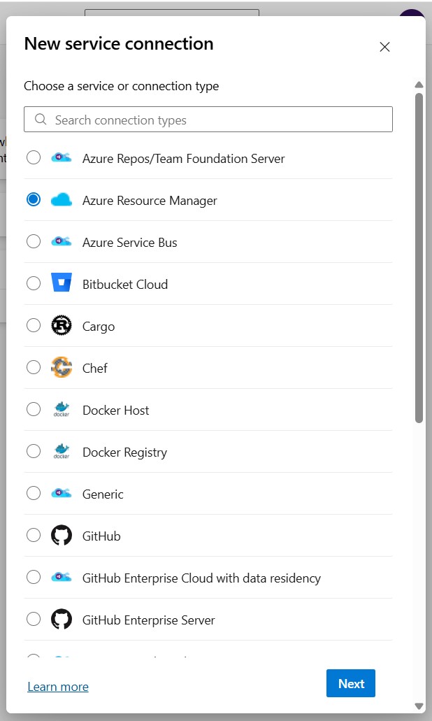 Azure Resource Manager service connection type