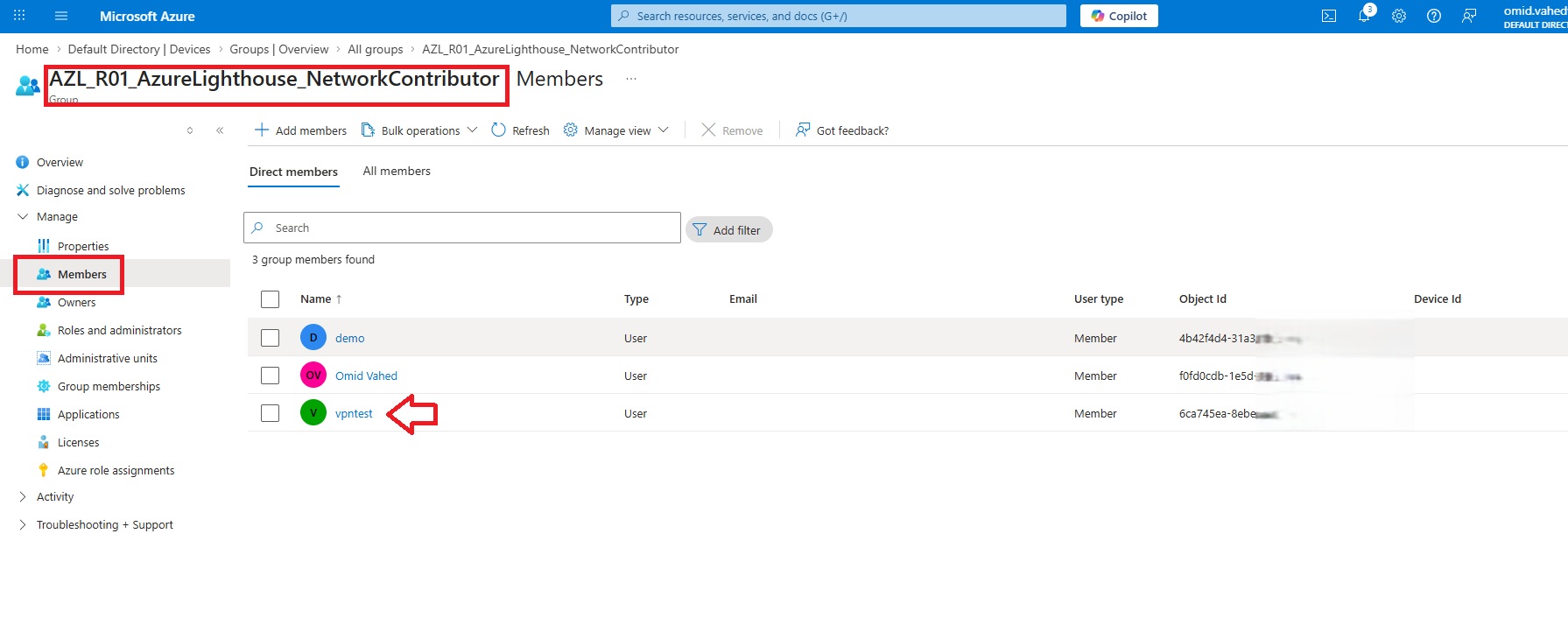 Assign the test user to MSP groups
