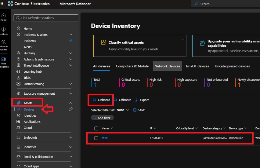 WIN1 visible in the Defender device inventory