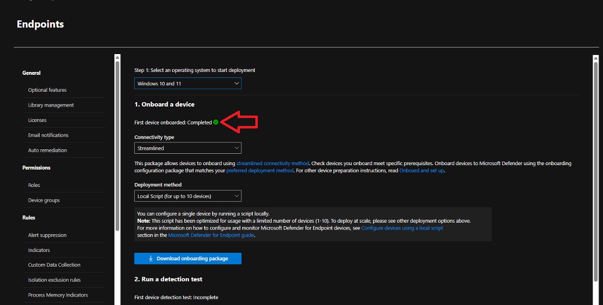 Built-in onboarding detection test in Microsoft Defender