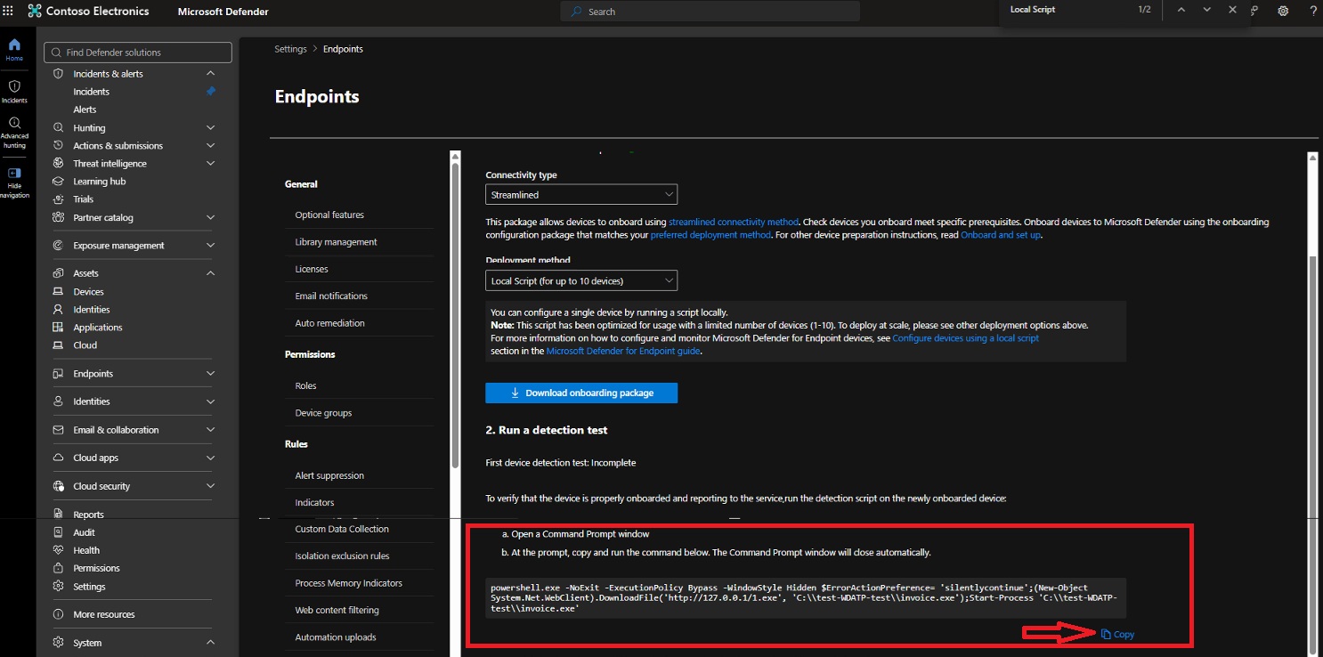 Copyable detection test command in the onboarding page