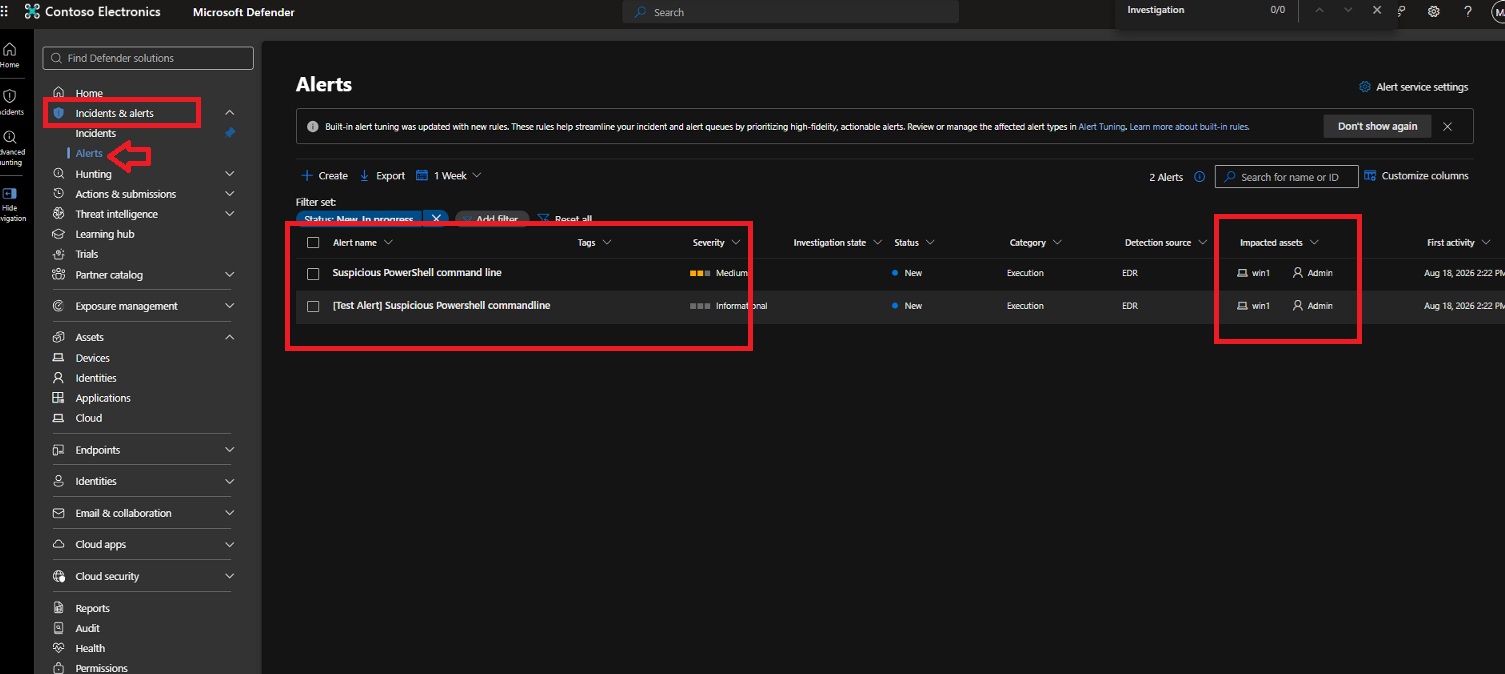 Alert queue showing the suspicious PowerShell detections
