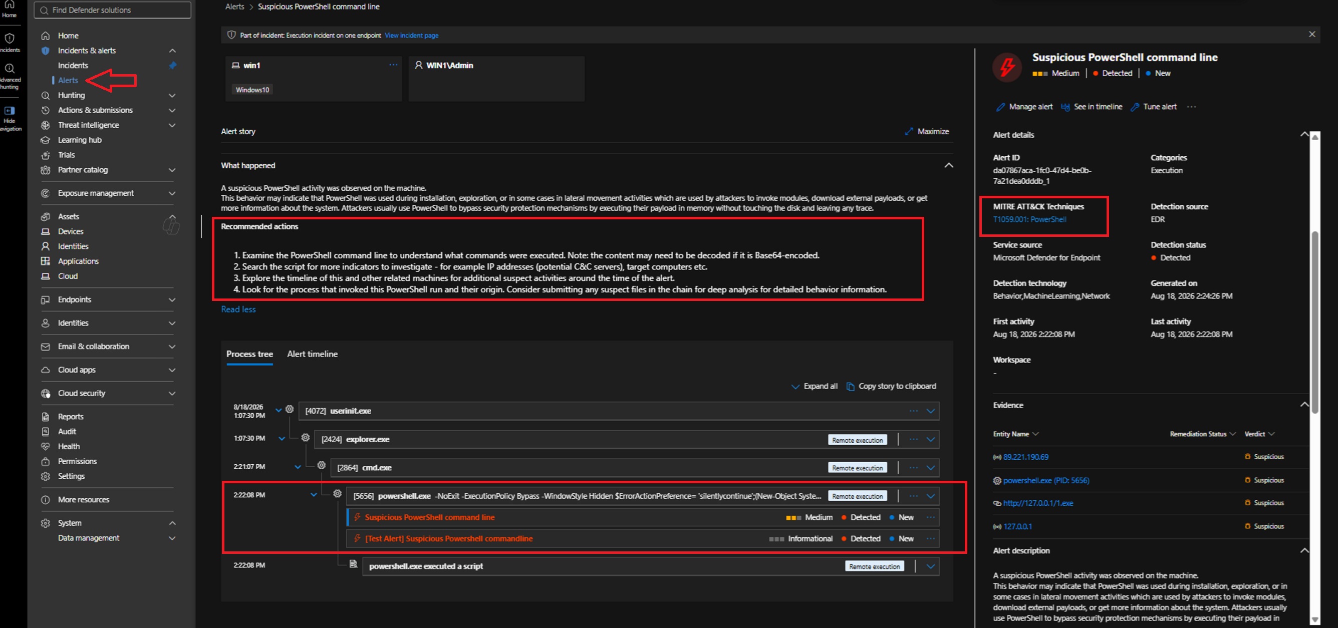 Detailed alert view and alert story for the PowerShell detection