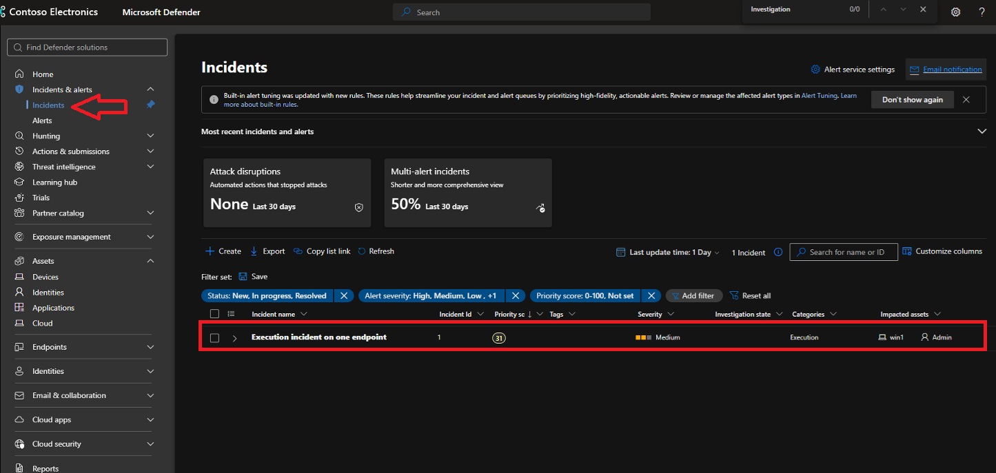 Incident view created from the initial PowerShell detections