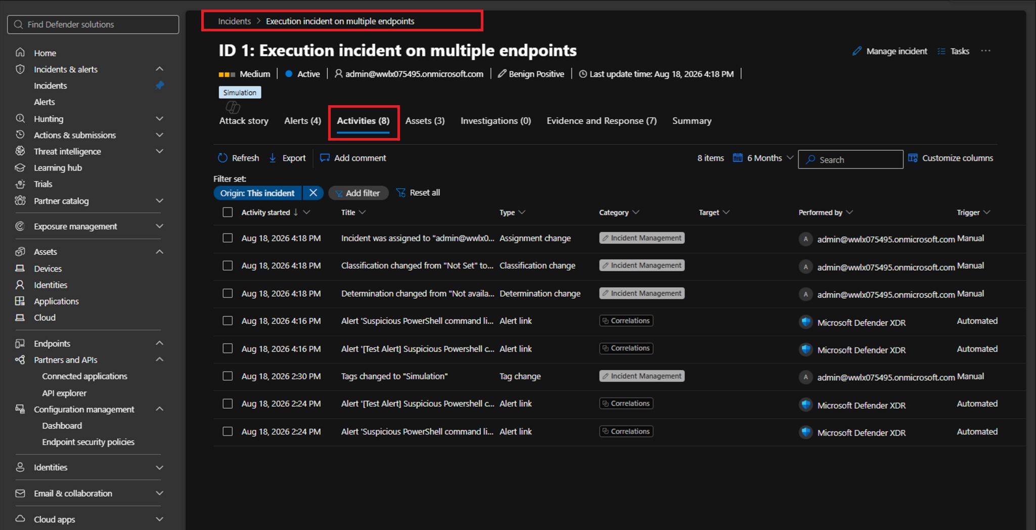 Incident activities tab in Defender XDR