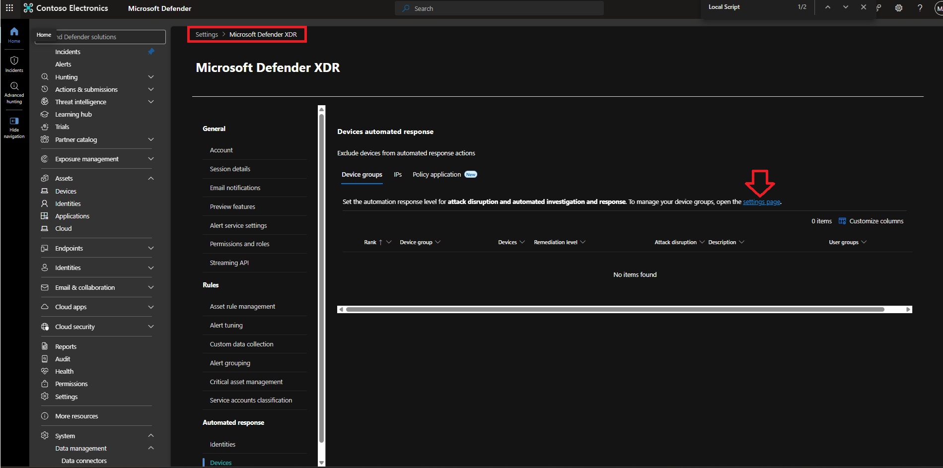 Device group area in Microsoft Defender settings
