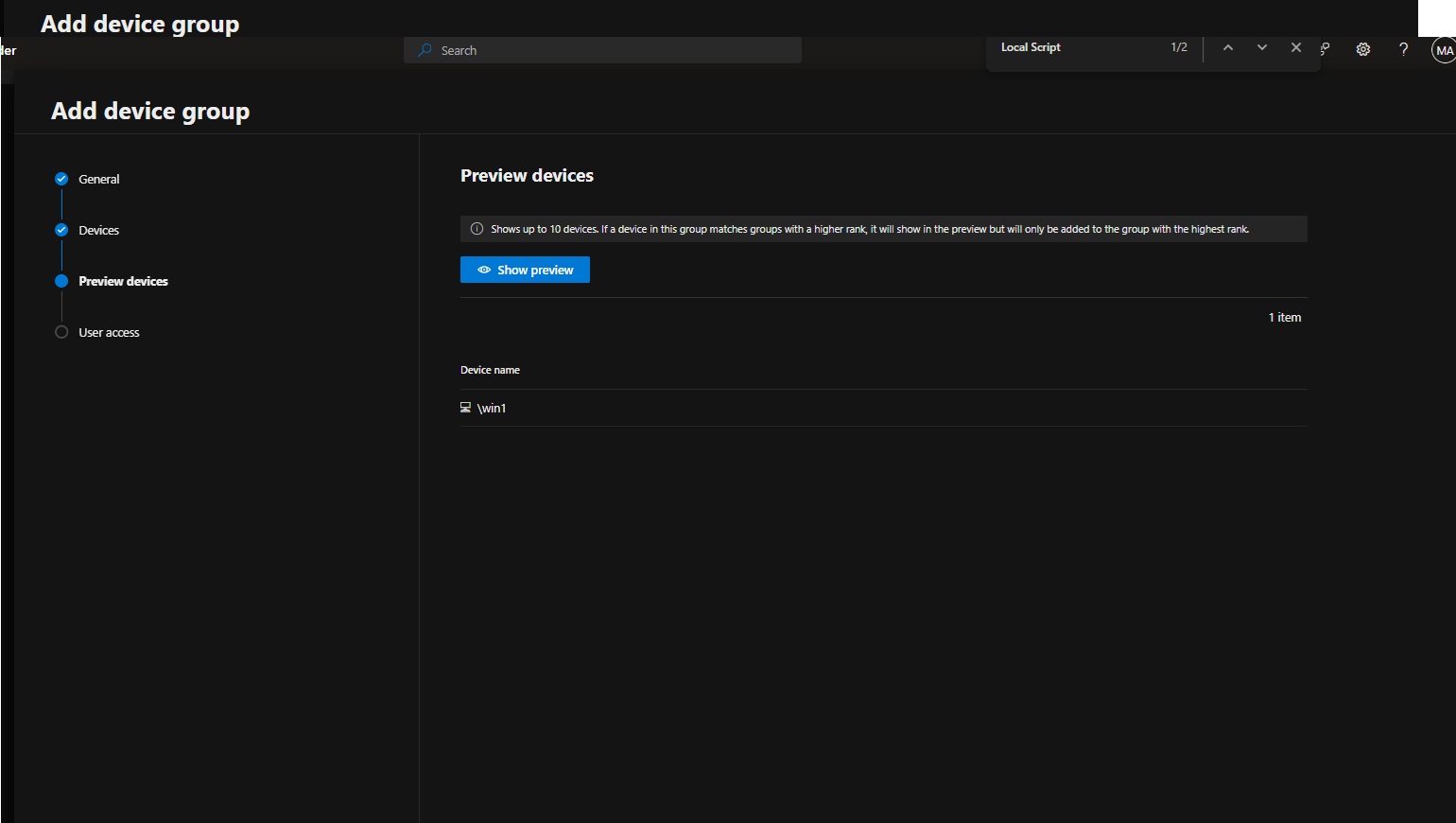Preview confirming the onboarded endpoint matches the rule