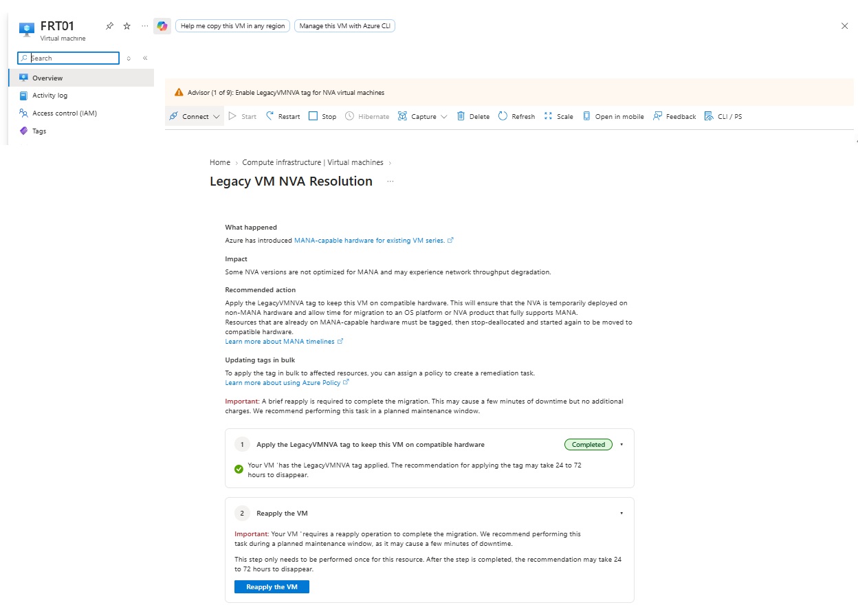 Legacy VM NVA Resolution advisory page for an Azure virtual machine