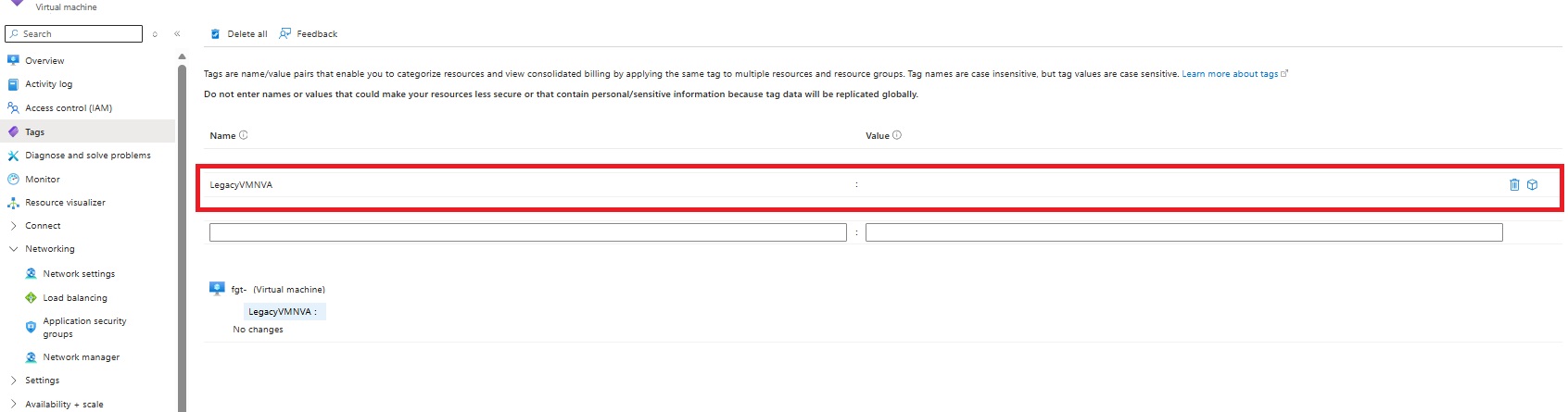 Azure portal Tags blade showing LegacyVMNVA tag applied to a VM