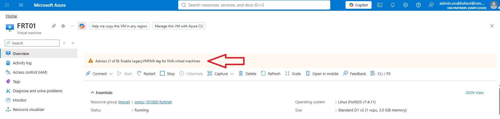 Azure virtual machine overview showing Azure Advisor recommendation to enable LegacyVMNVA tag