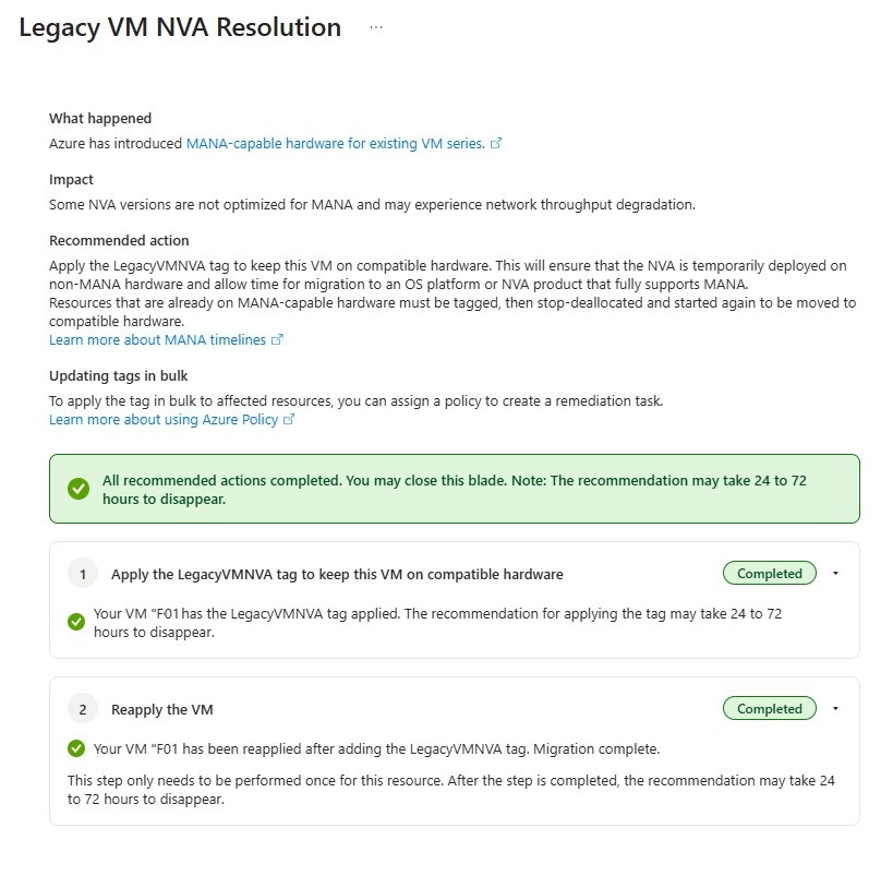 Legacy VM NVA Resolution workflow showing completed tag and reapply steps