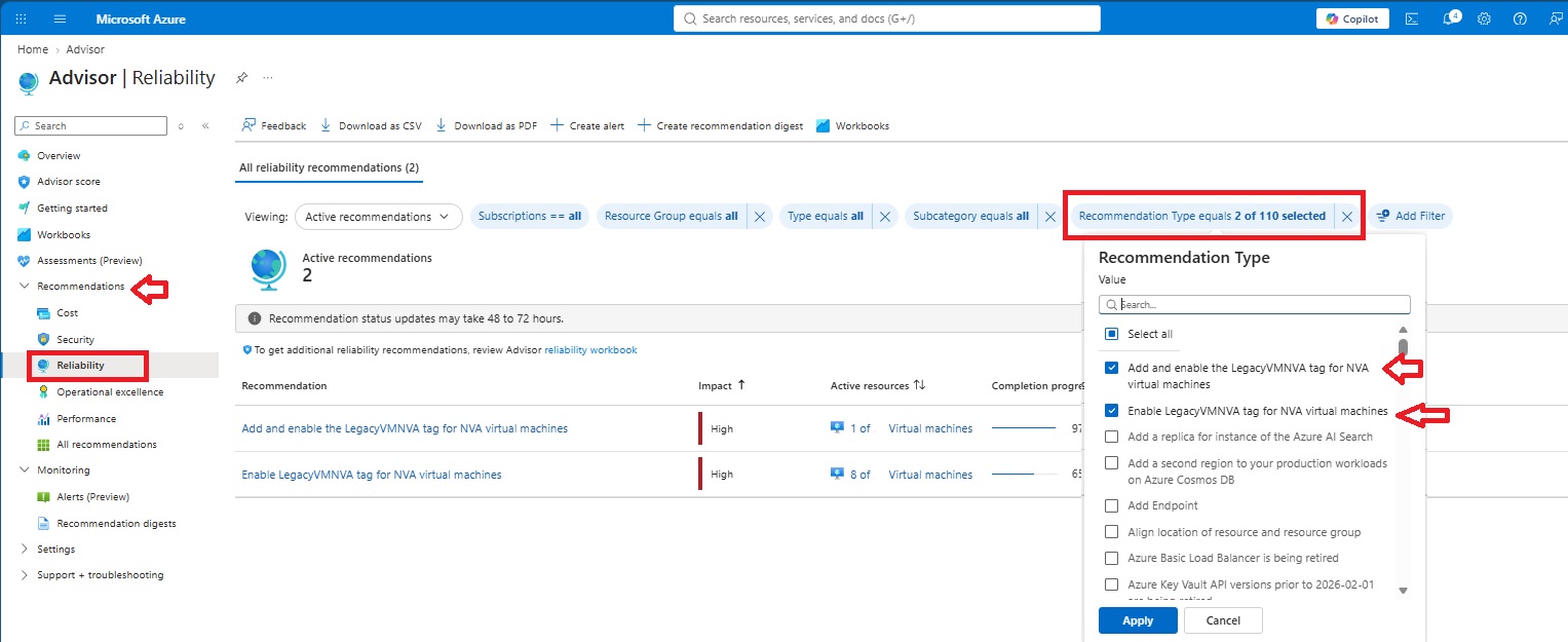 Azure Advisor Reliability view highlighting affected NVA virtual machines